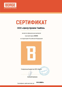 Сертификат официального дилера Borge